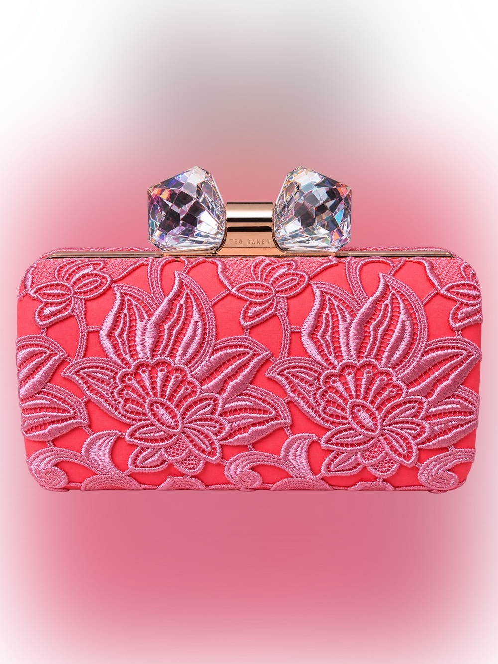 Ted Baker NWT Embroidered Coral Jeweled Clasp Clutch Shoulder Crossbody